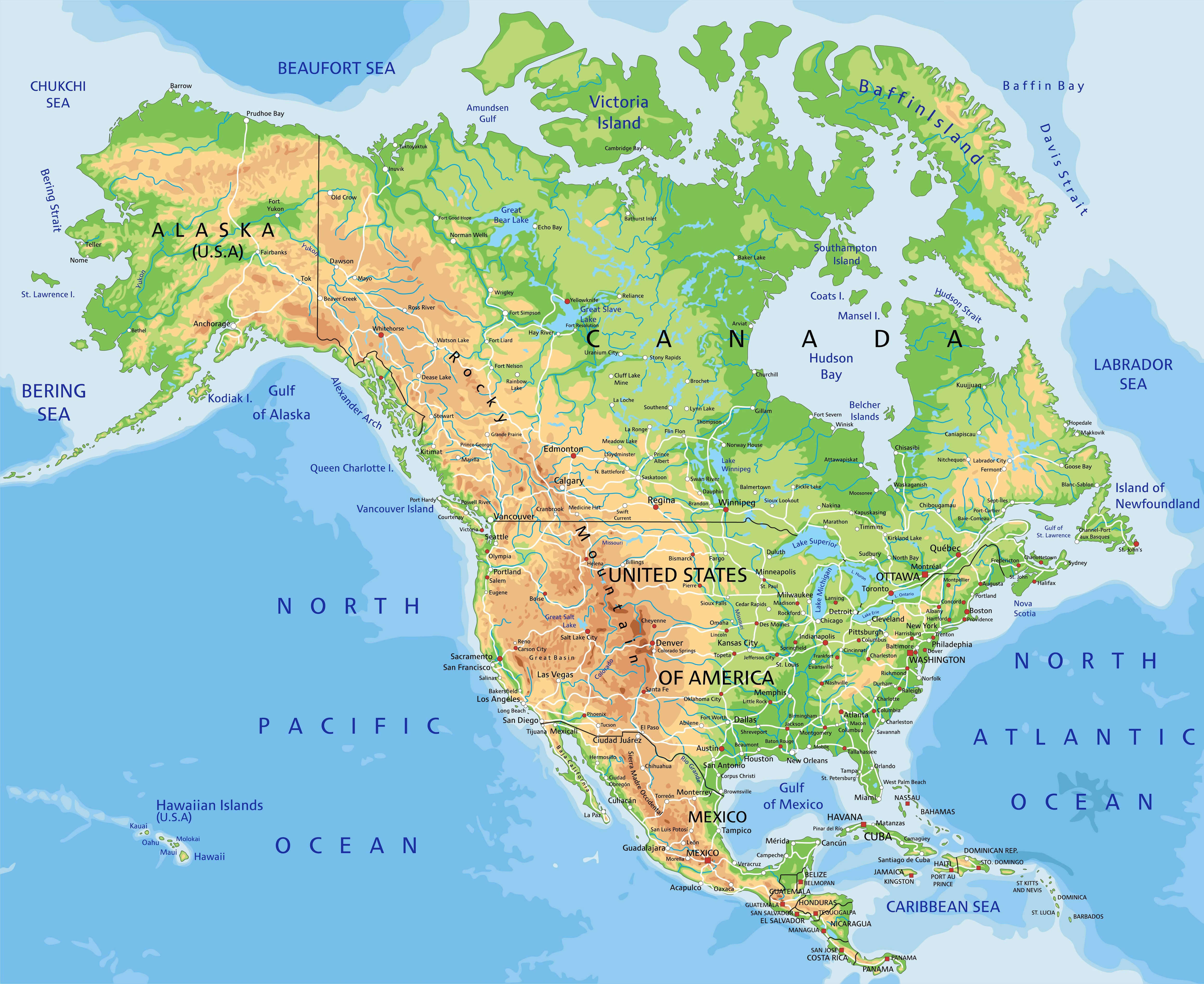 Physical Map of North America with Canada, US and, Mexico