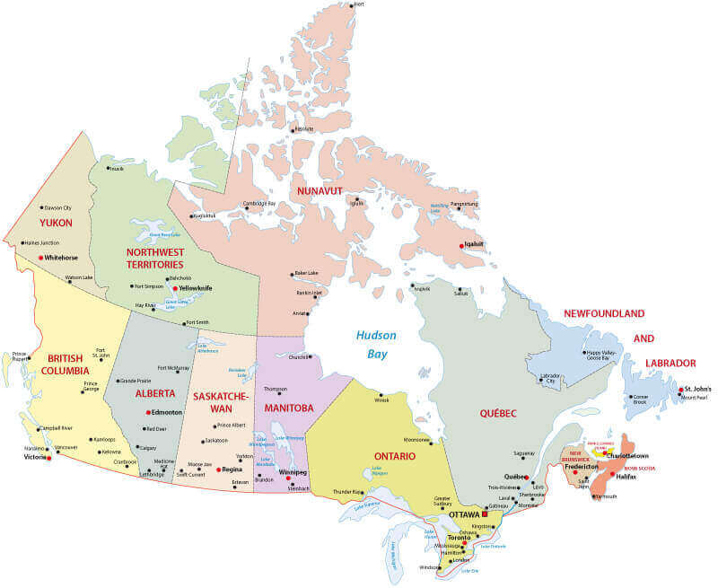 Canada administrative map shows provinces, territories, and major cities