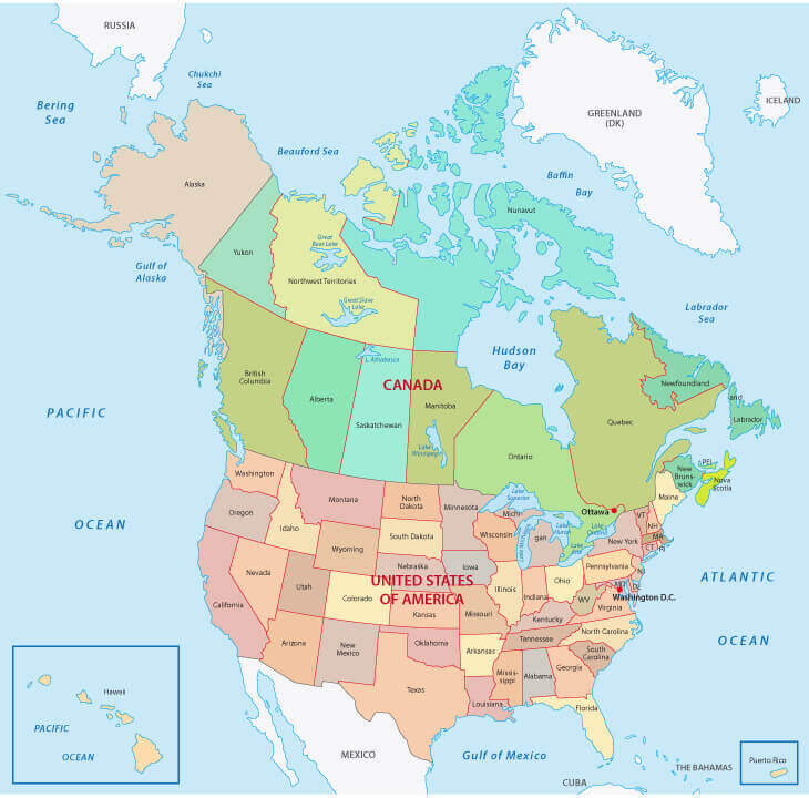 Canada and US map with North America