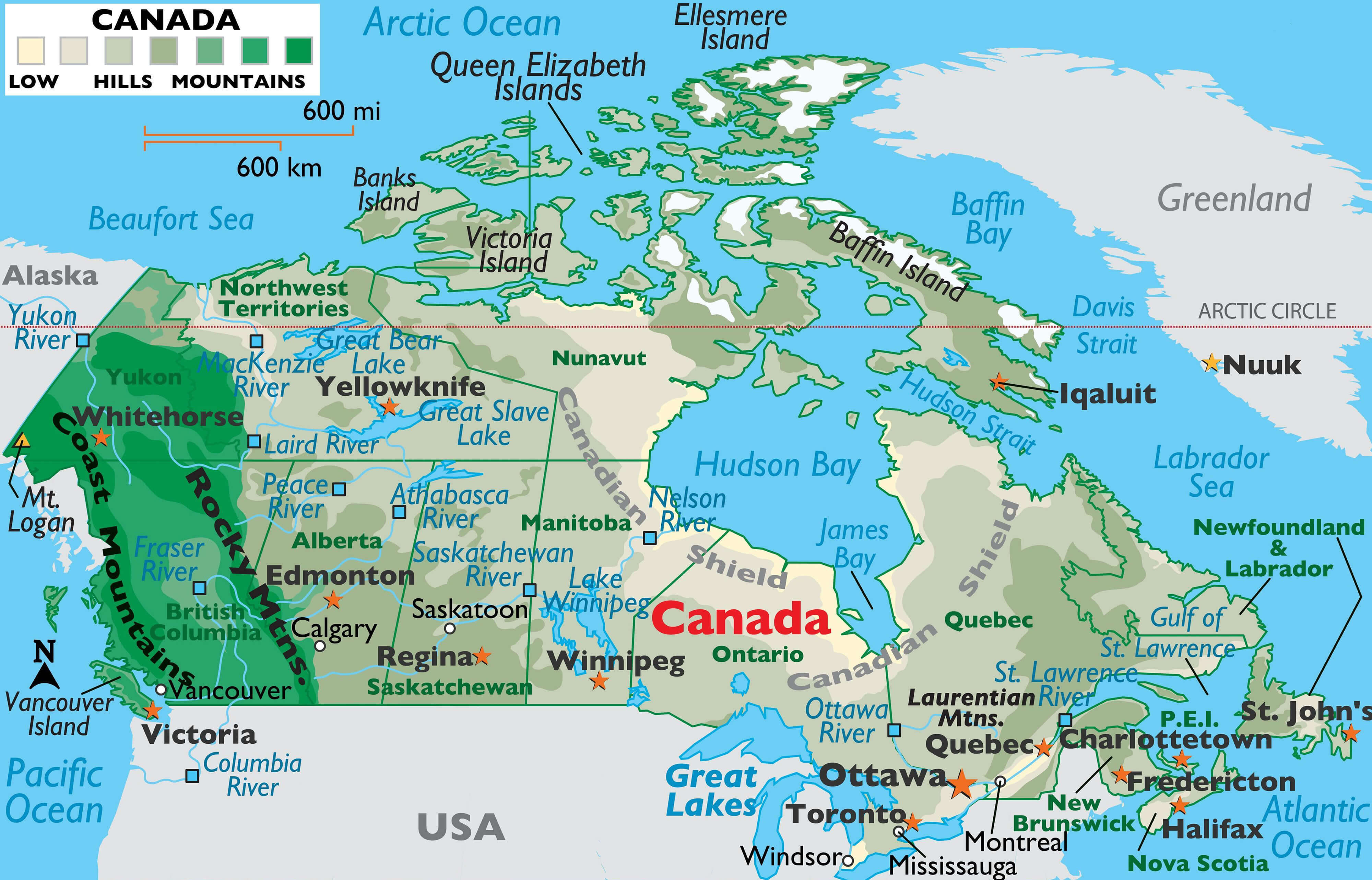 Canada's Political Map with Mountains highlights provinces, major cities, and mountain ranges