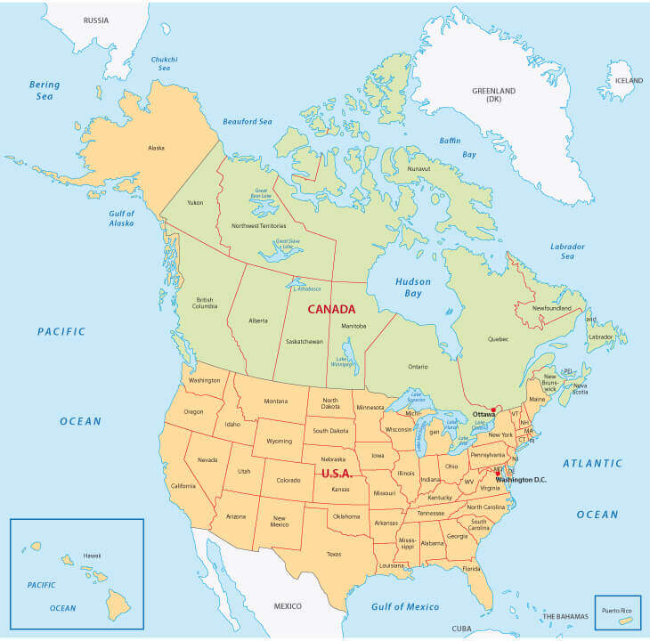 Canada and U.S. Map with Provinces and States