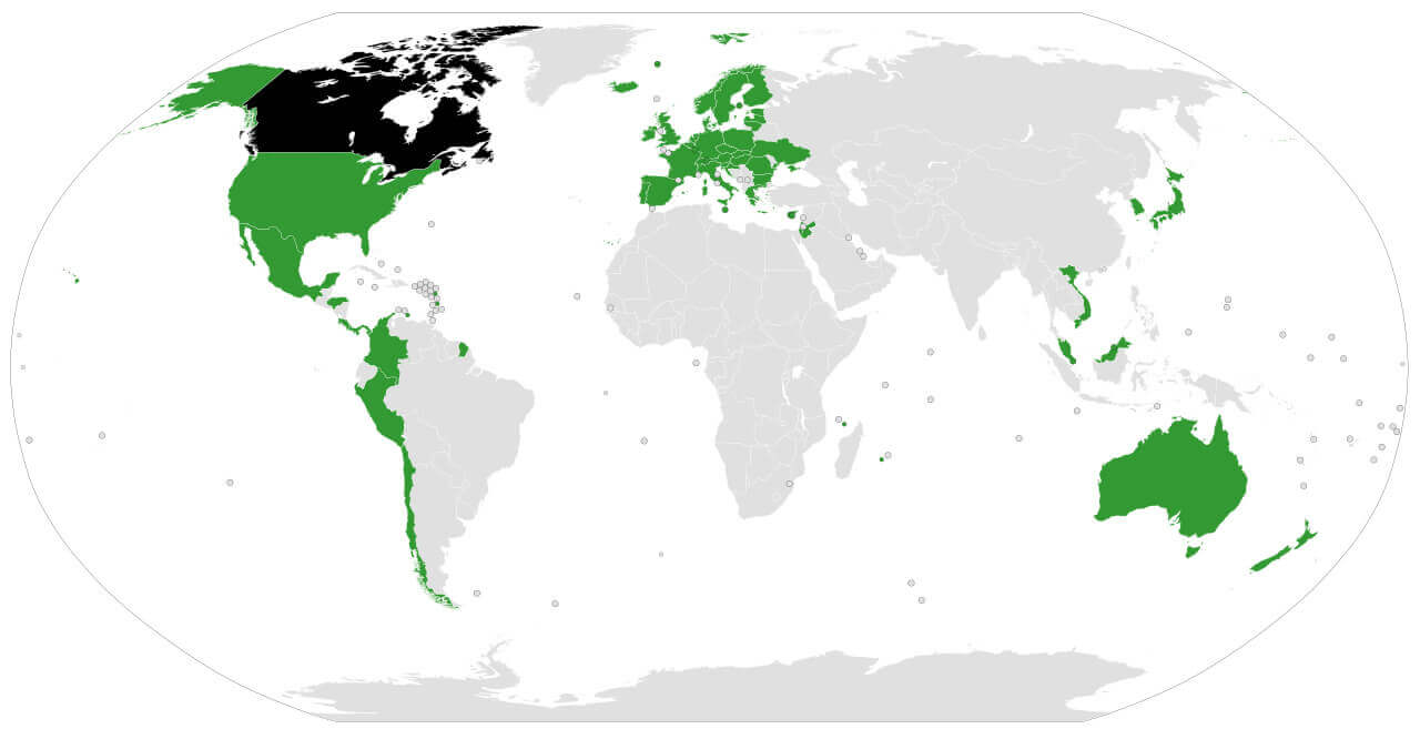 Countries free trade agreements map with Canada