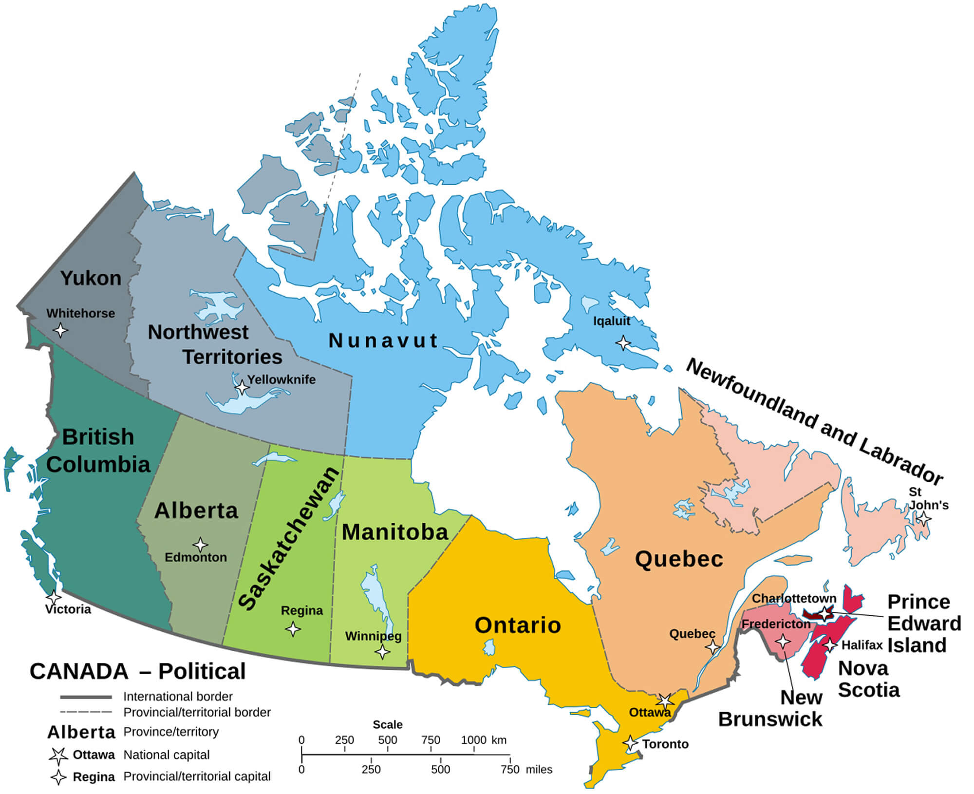 Map of Canada shows provinces, territories, and their capitals.