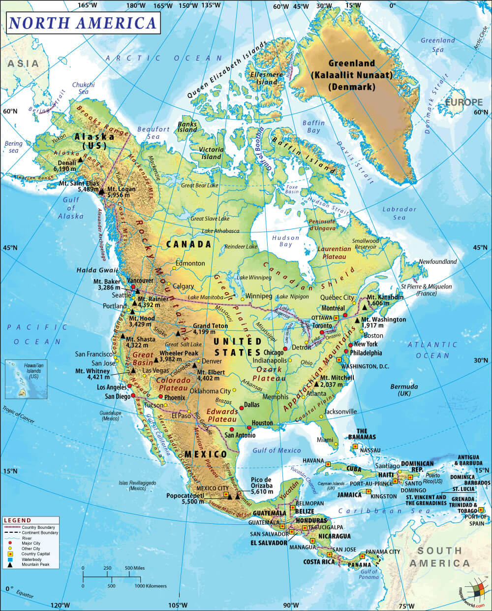 Map of North America 18 North America cities physical map