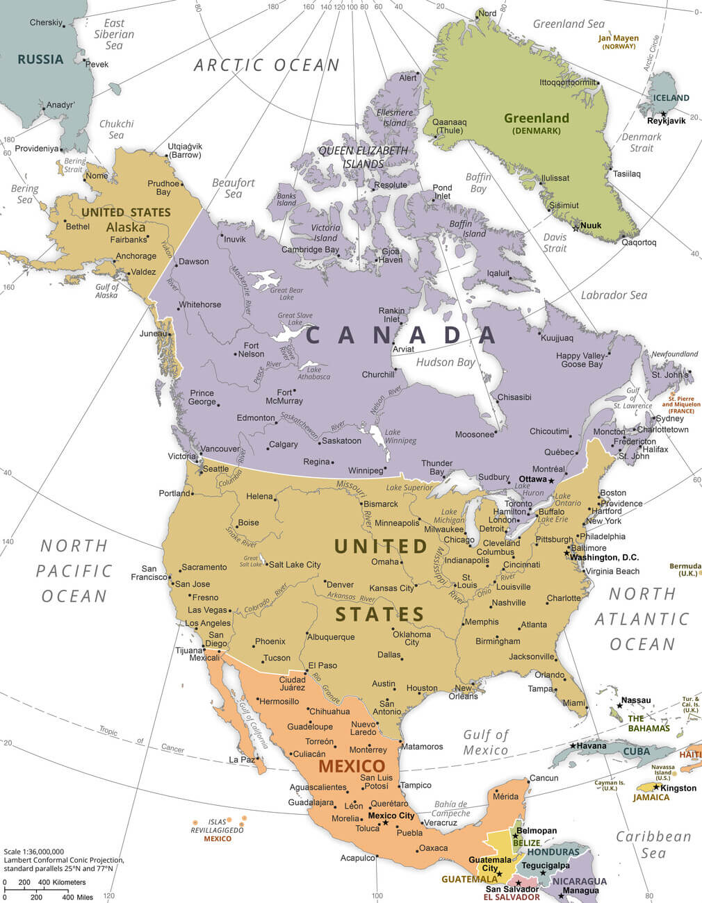 Map of North America 20 North America political map with US Canada Mexico Greenland