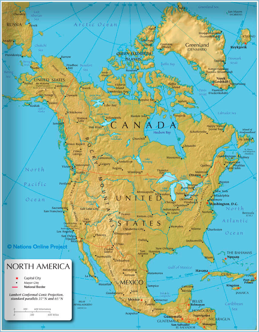 Map of North America 19 North America relief and cities map