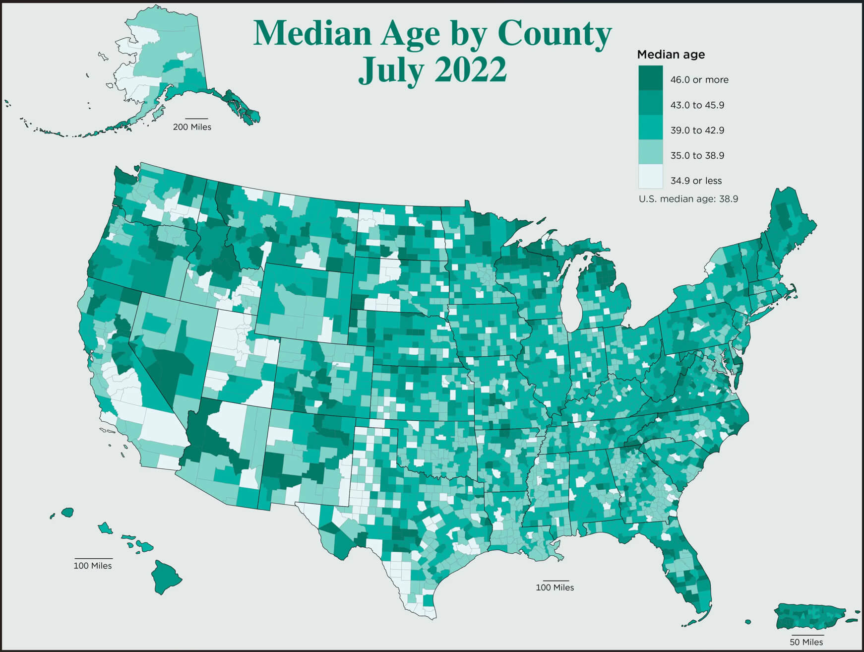 Median Age Map by U.S. County (July 2022)