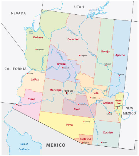 Arizona administrative map with counties and major cities