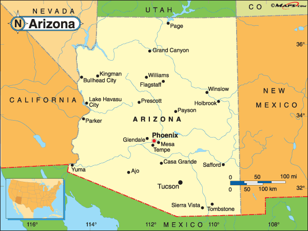 Arizona Map with major cities and landmarks