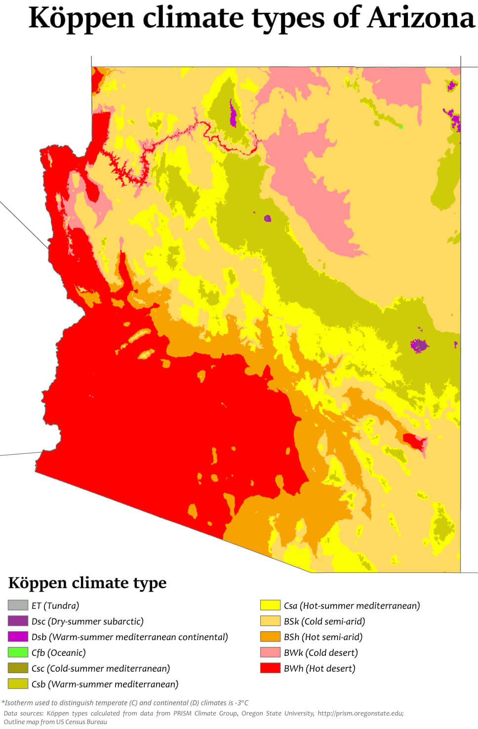 Arizona climate map with Köppen classifications