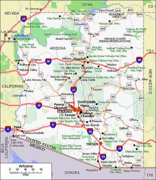 Arizona map with major highways and roads