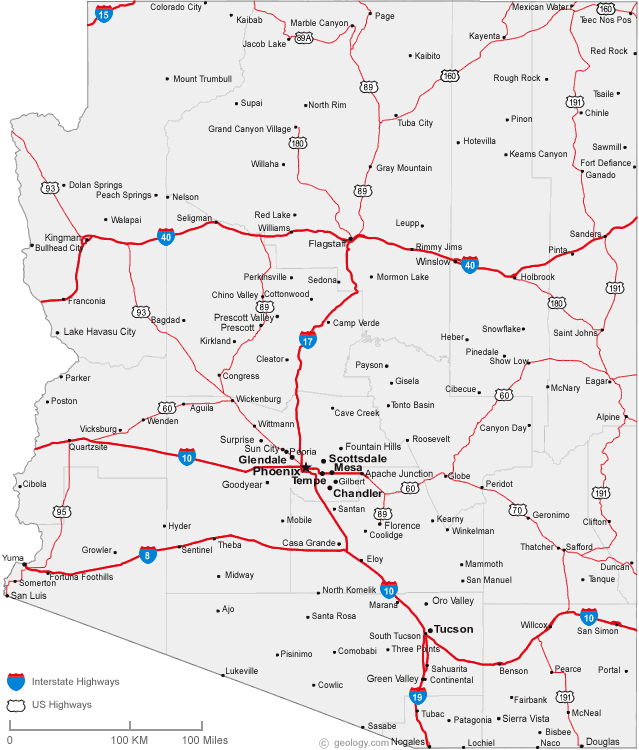 Map of Arizona with interstate highways and major cities