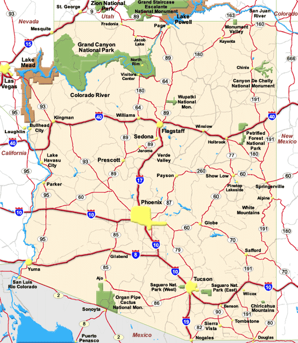 Arizona map with interstates and national parks