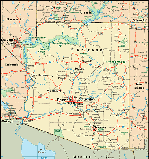 Arizona map with cities, highways, and national parks in the US