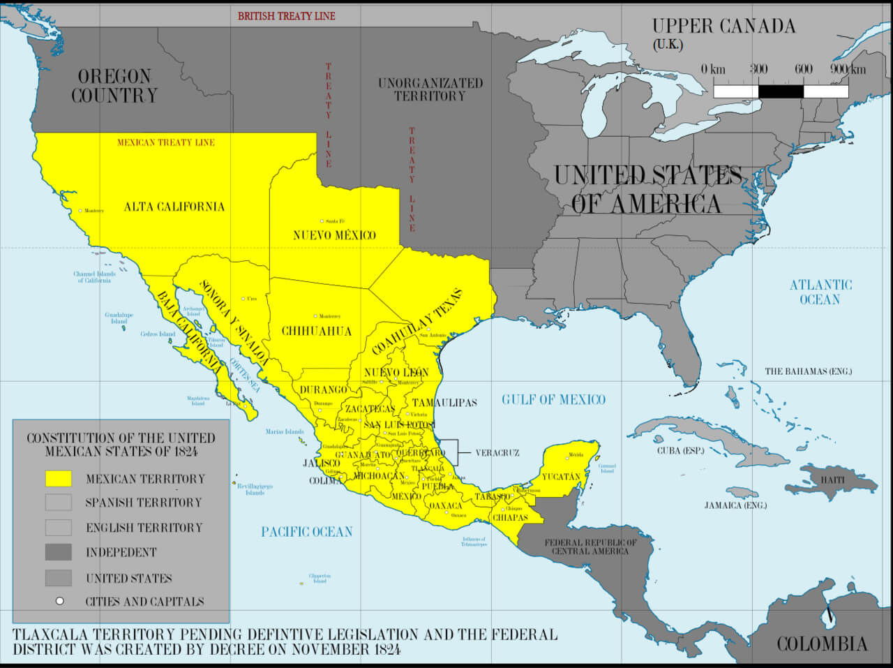 Mexican territory map of Arizona and Alta California in 1824