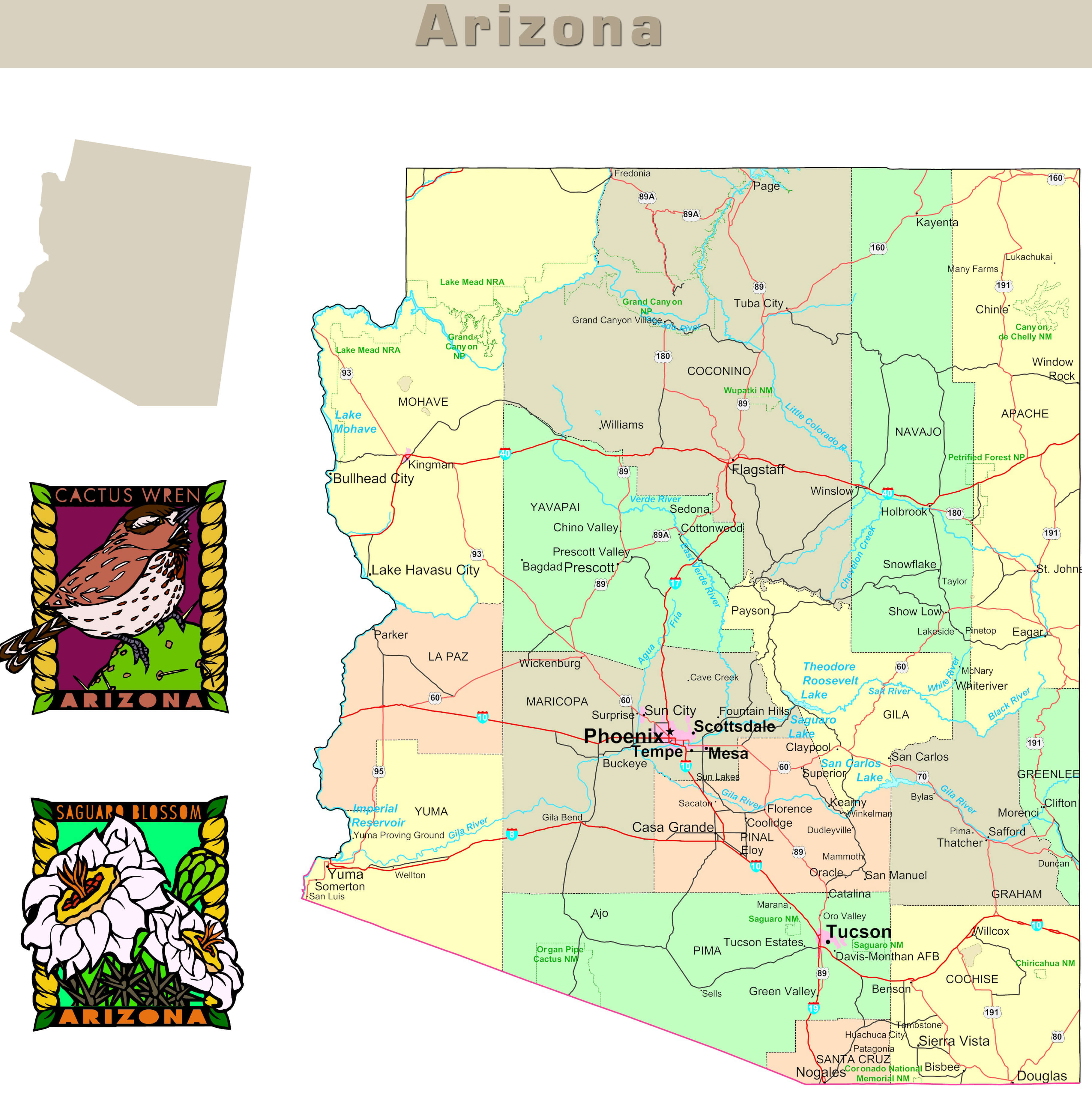 Detailed political map of Arizona with county divisions and state symbols