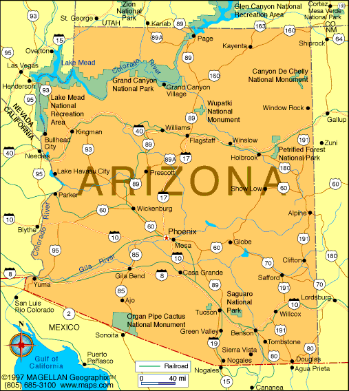 Detailed political map of Arizona showing cities, highways, and landmarks