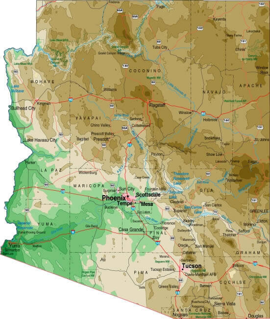 Detailed relief map of Arizona showing elevations and geographic features.