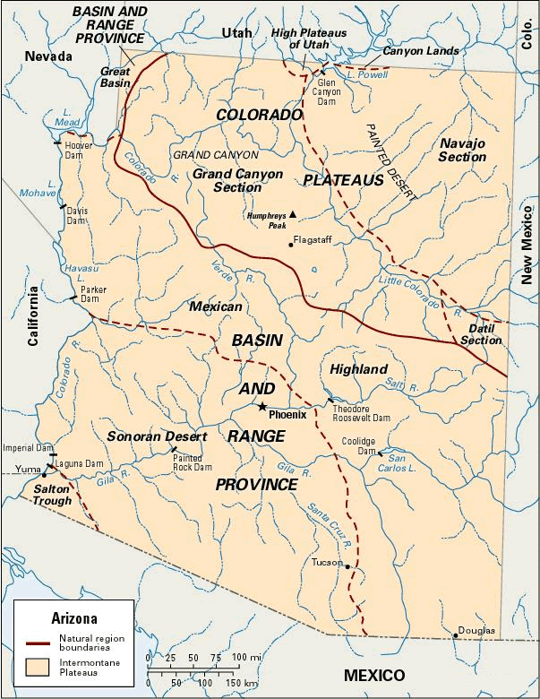 Map of Arizona rivers and Grand Canyon with geographic regions