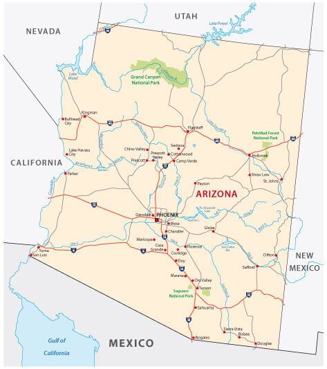 Arizona map with major roads, highways, and national parks