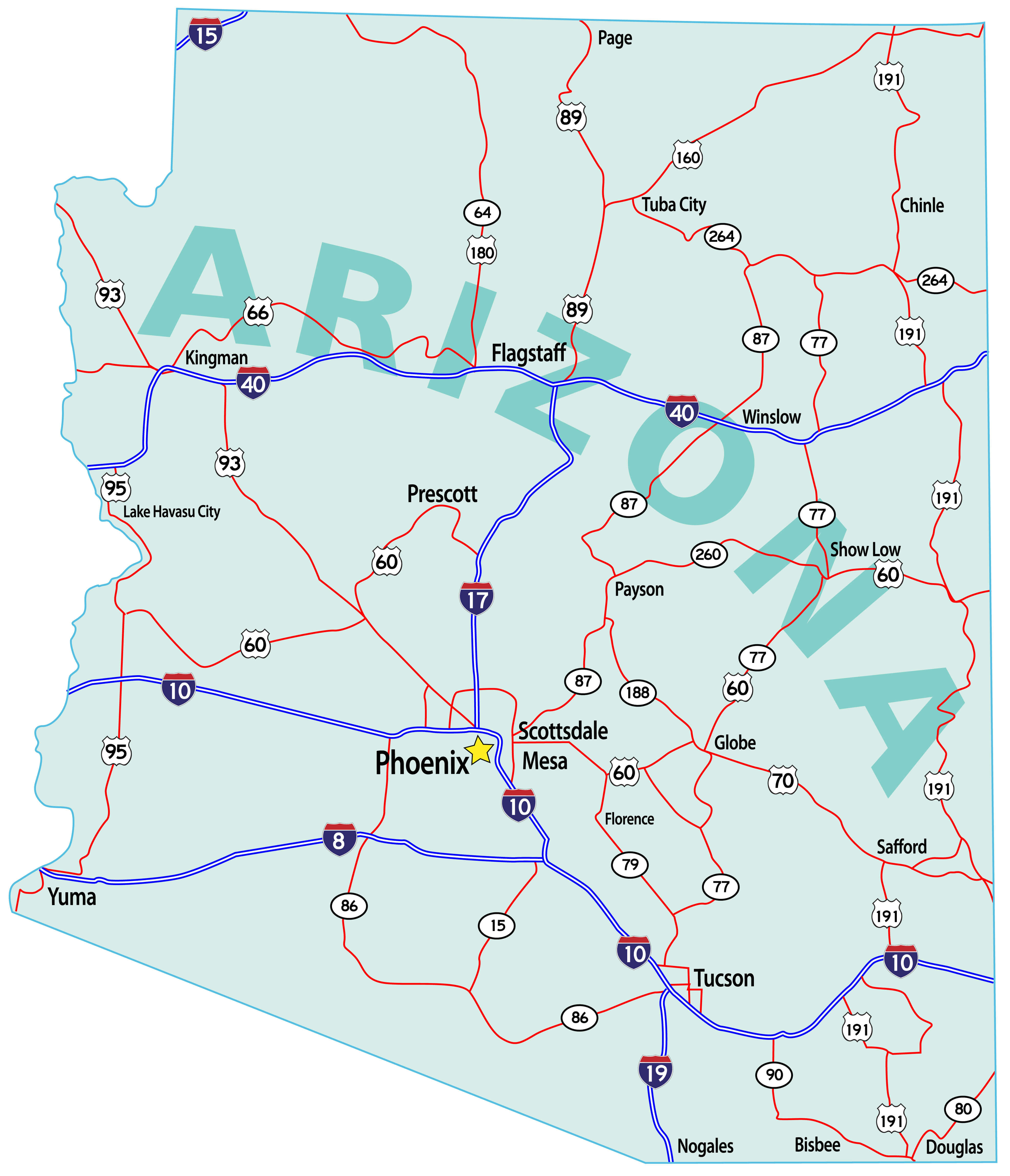 Arizona map with main highways and interstates with key cities