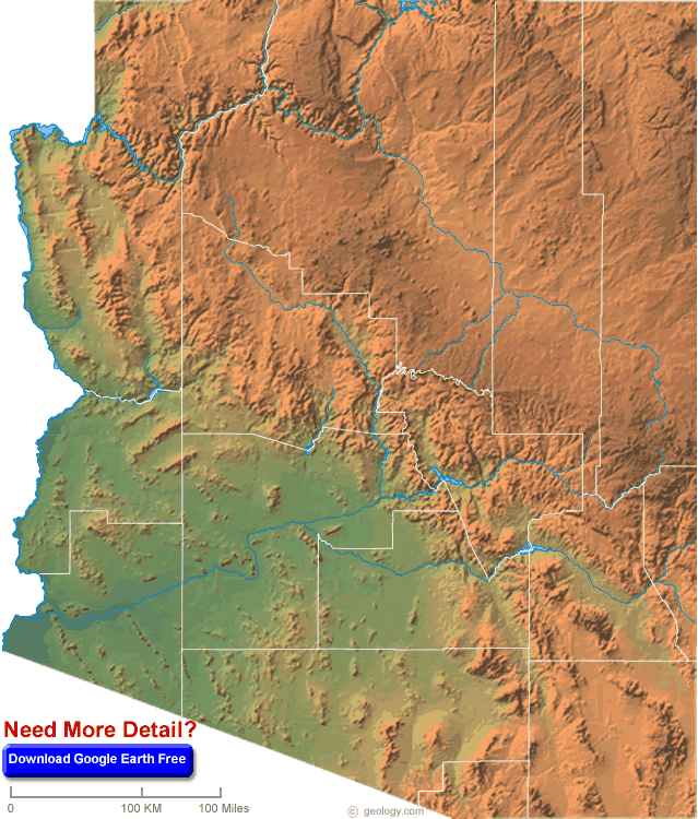 Topographical map of Arizona with elevation changes across the state