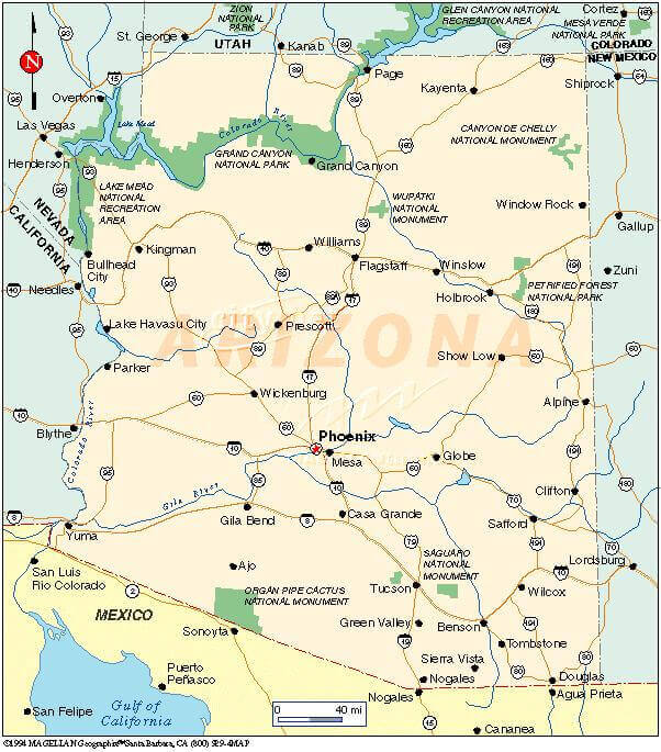 Touristic map of Arizona highlighting major cities and attractions