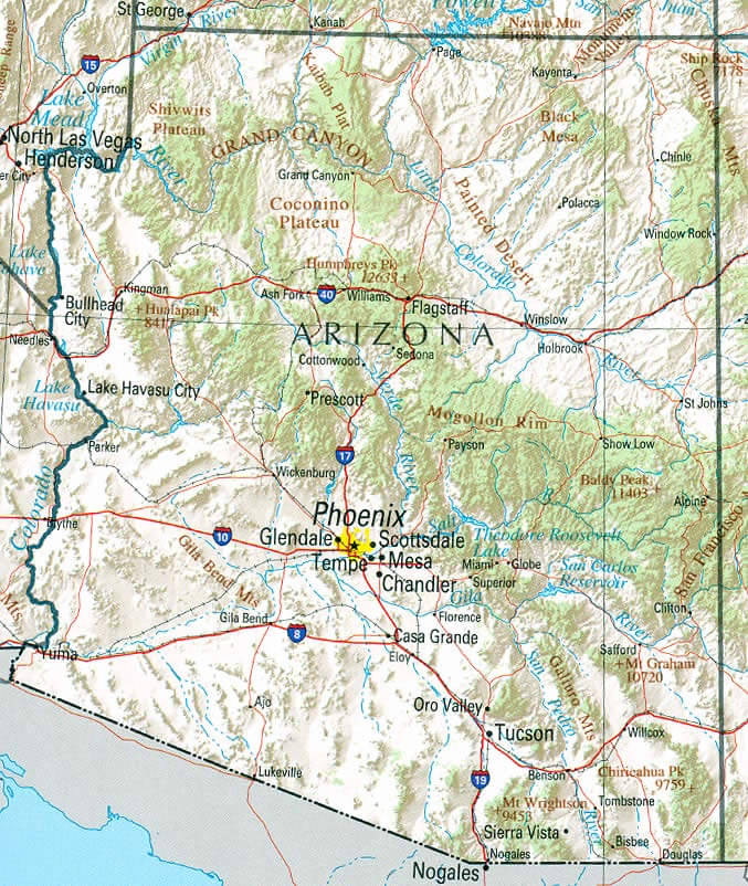 Arizona physical map with mountains, plateaus, and rivers