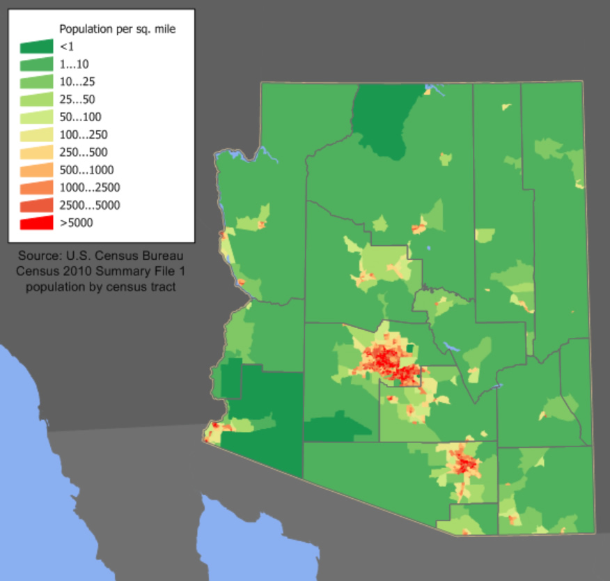 Population density map of Arizona showing areas of high and low density