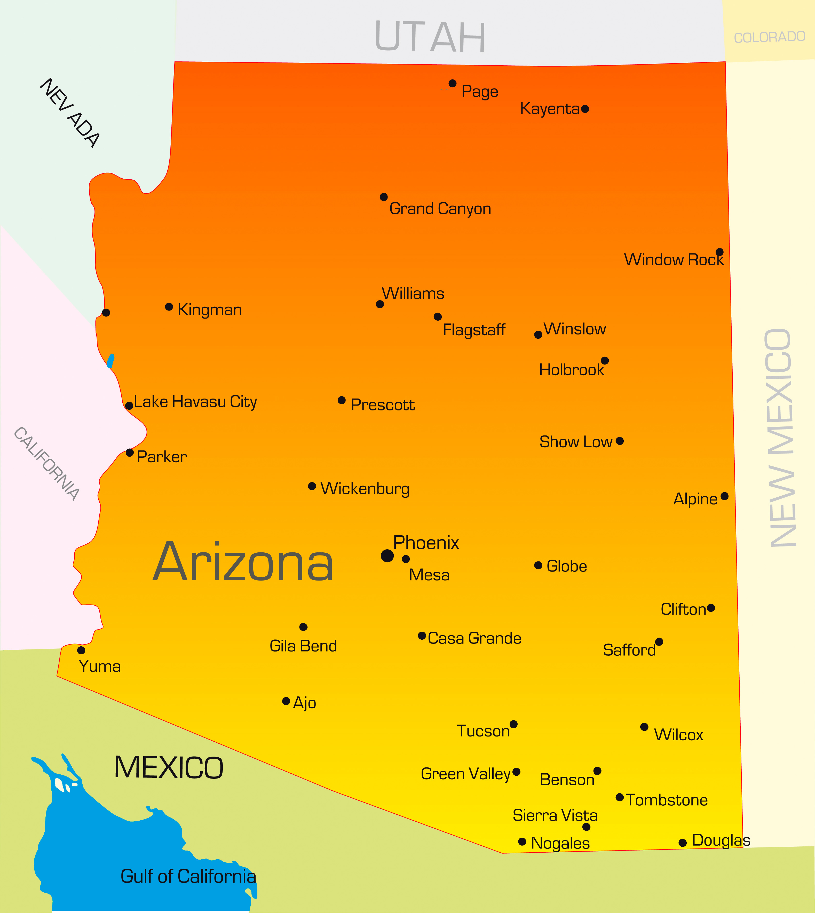 Bright vector map of Arizona highlighting major cities and borders