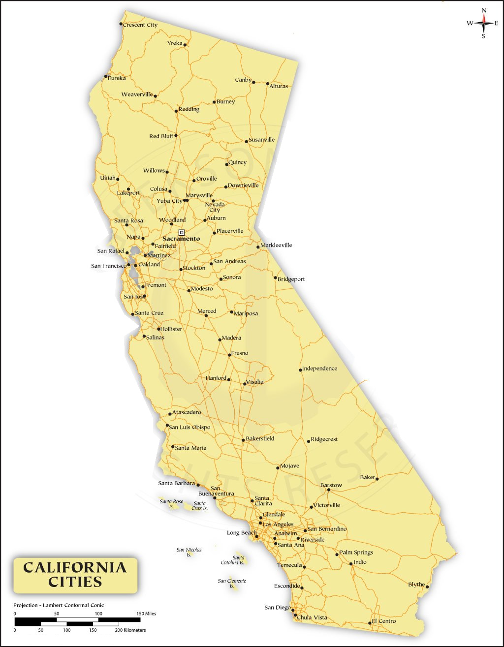 California cities map with roads