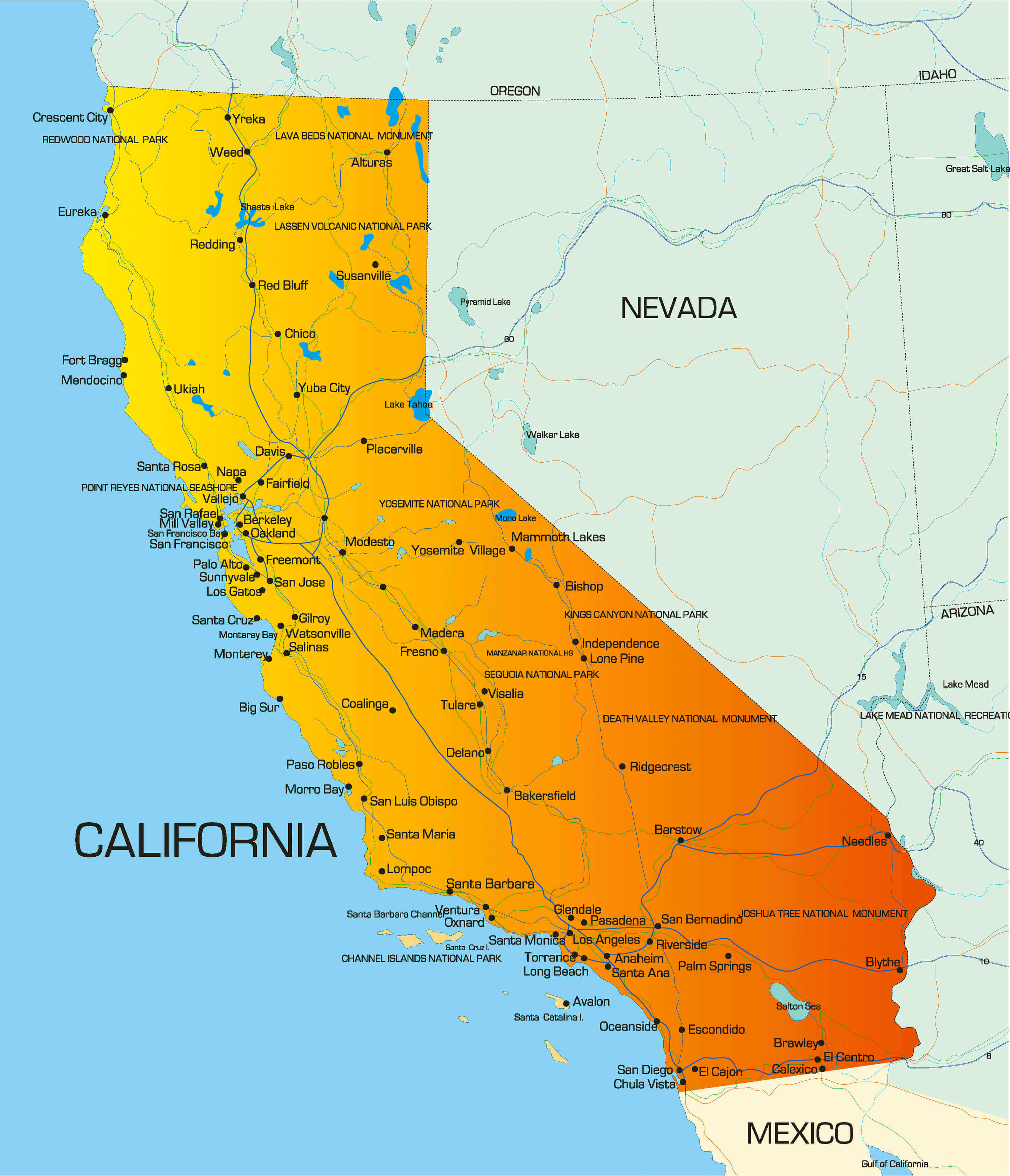 California map with major cities and landmarks across the state