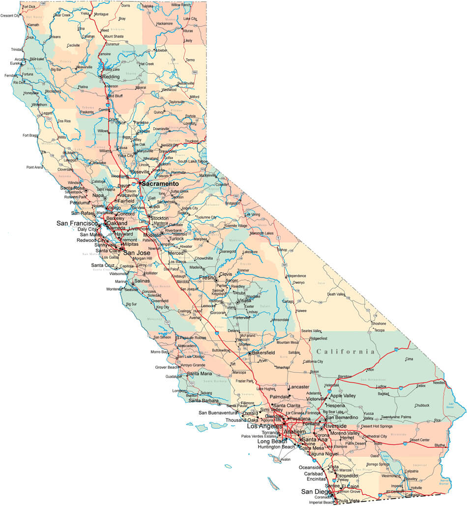 California map with cities and state highways with detailed road connections