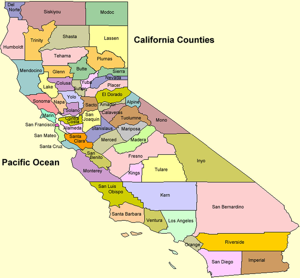 California counties map with major cities