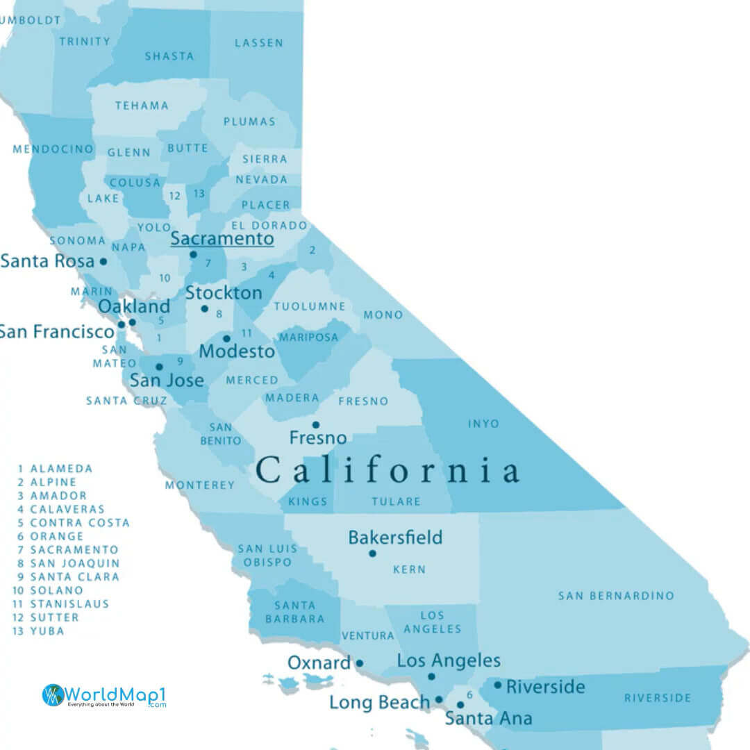 California map with major cities such as Los Angeles, San Francisco, and Sacramento.