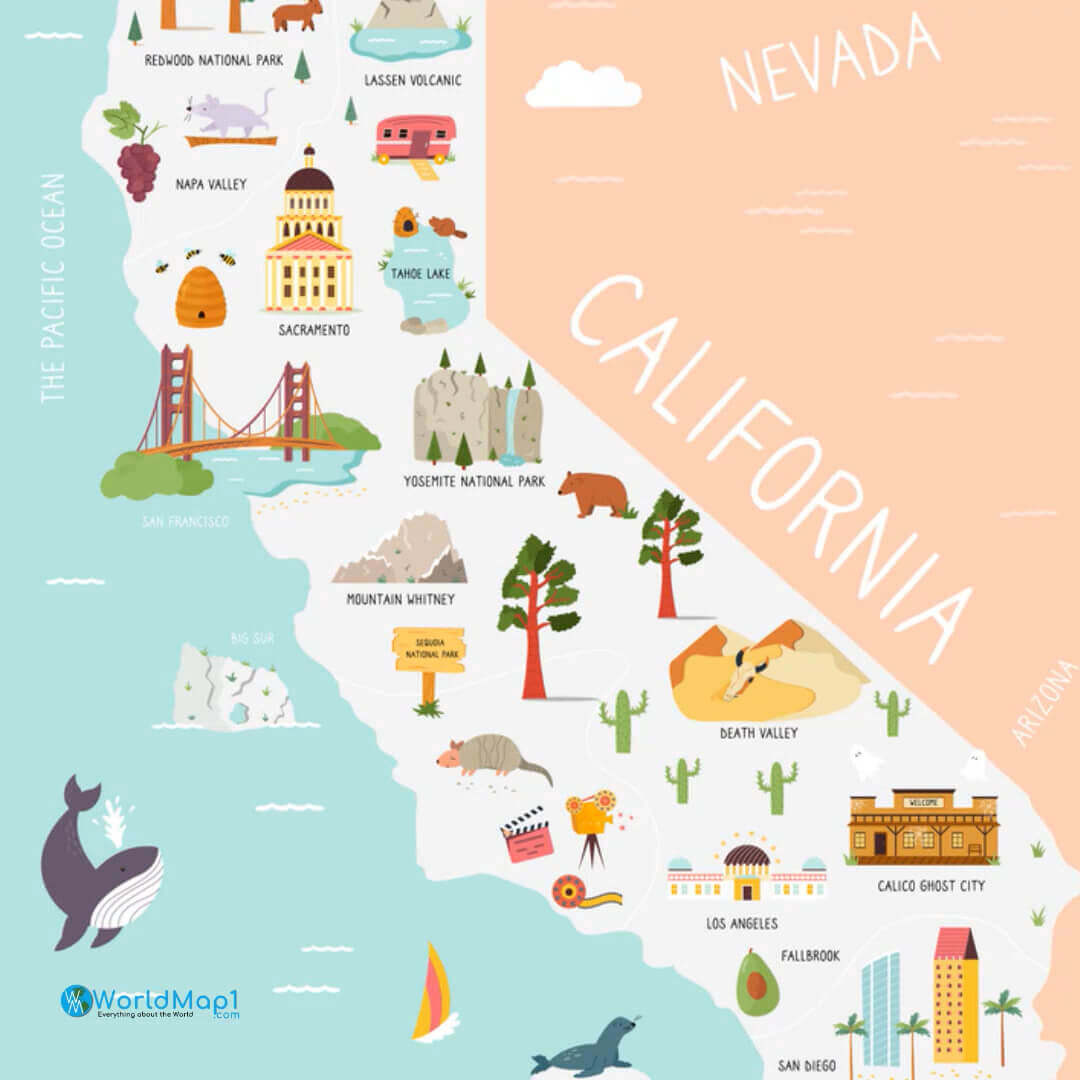 Illustrated California travel map with landmarks, parks, and famous attractions