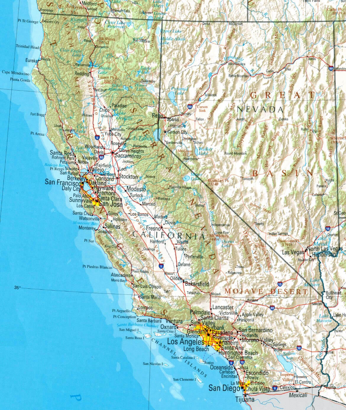 Physical Map of California with Metropolitan Areas