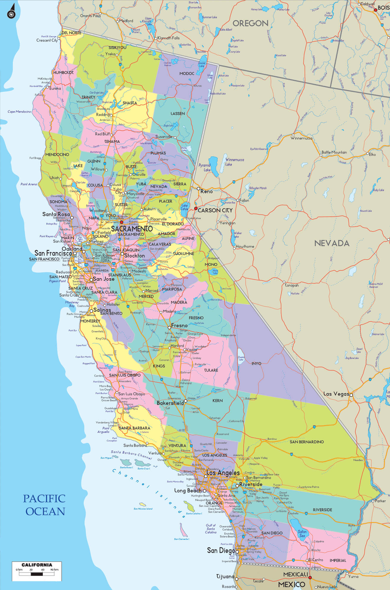 Political map of California with counties and major cities