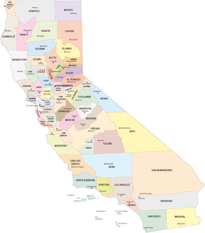 Map of California counties with major cities and boundaries.