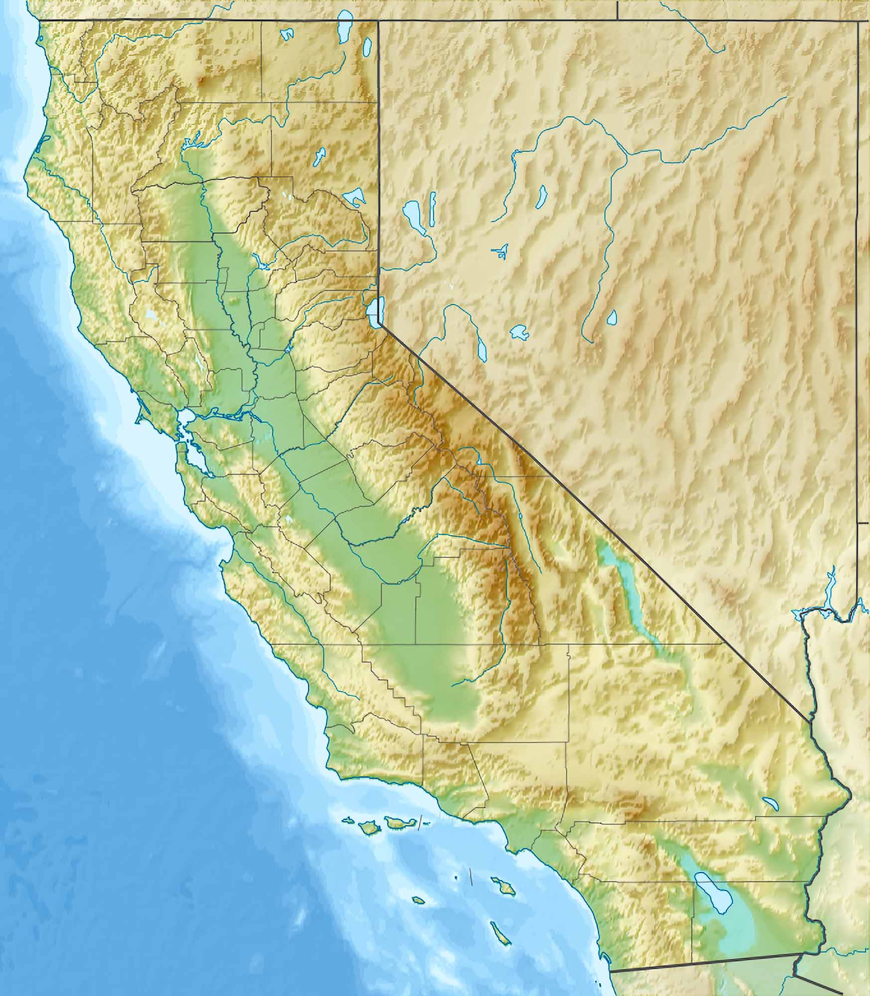 California Map counties and relief map