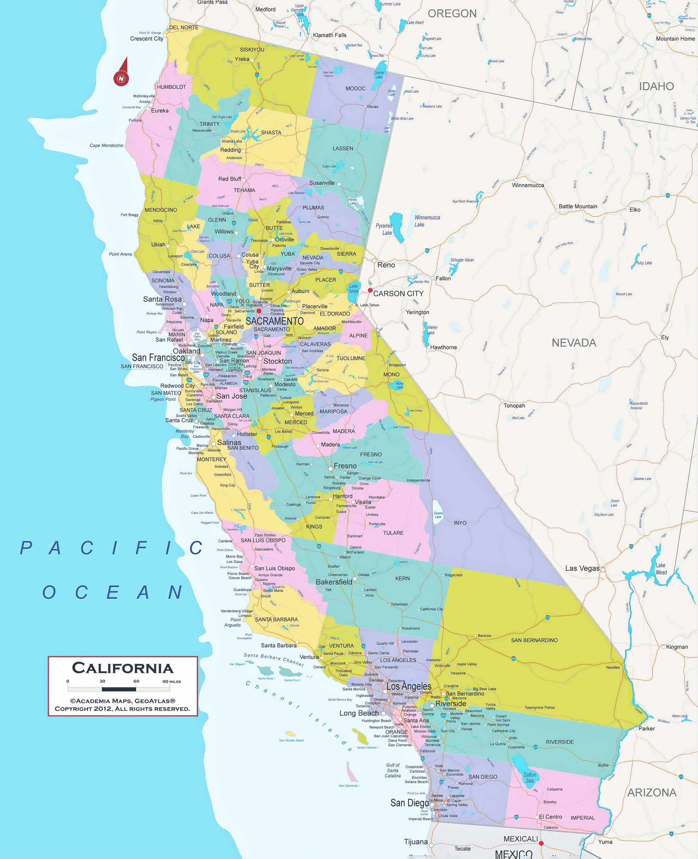 Detailed Map of California with cities, counties, and neighboring states