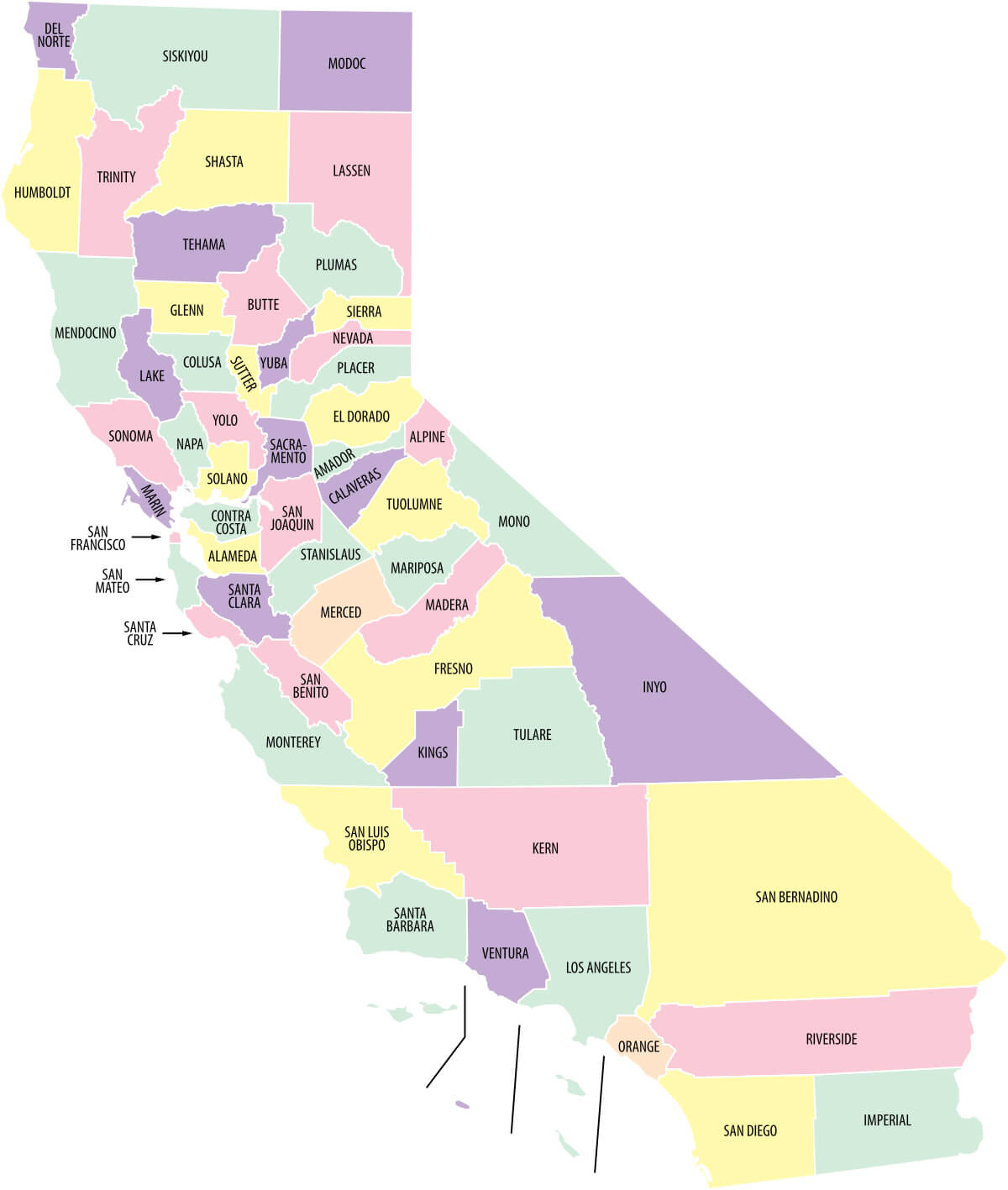 California Map with counties and cities