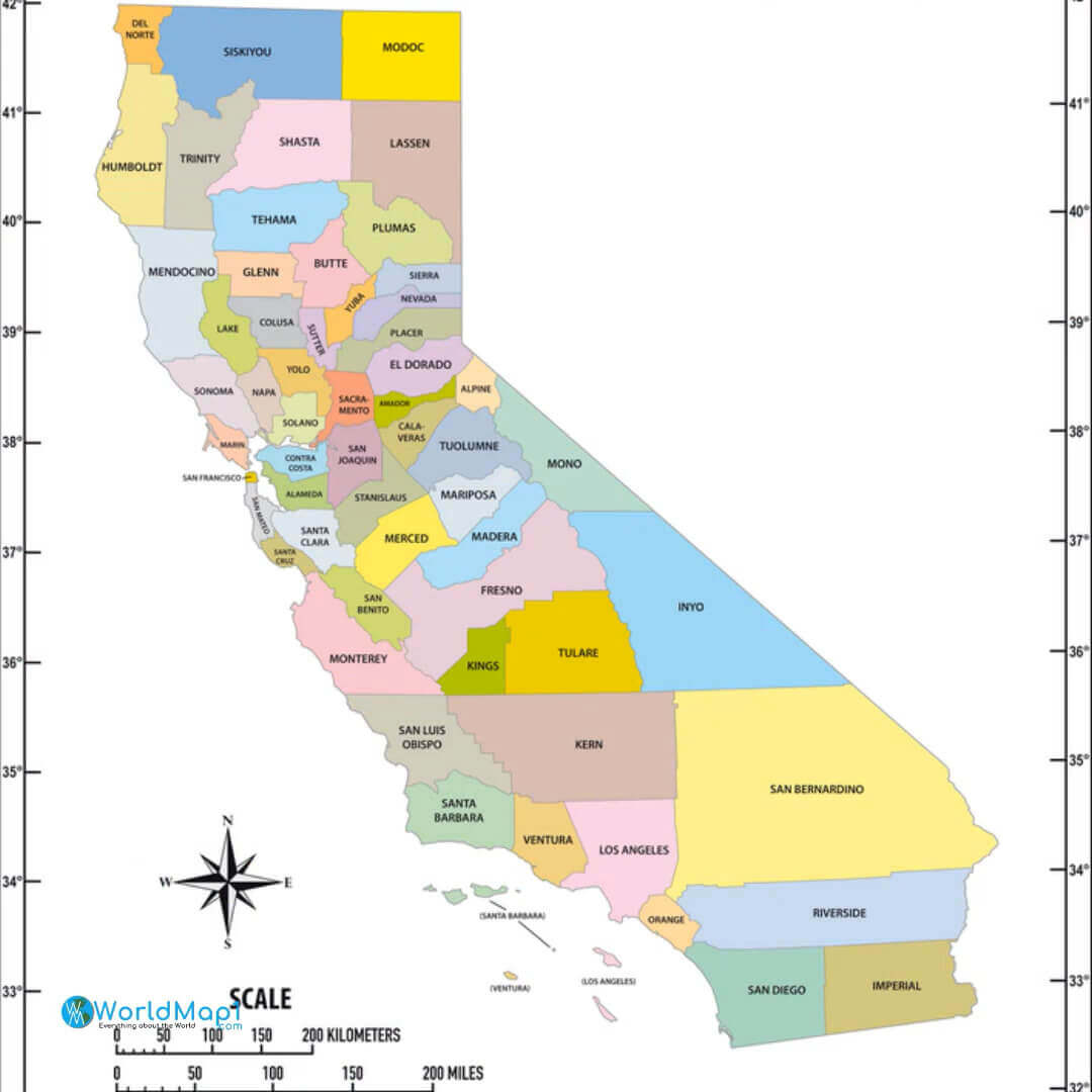 Detailed Map of California counties with names and boundaries