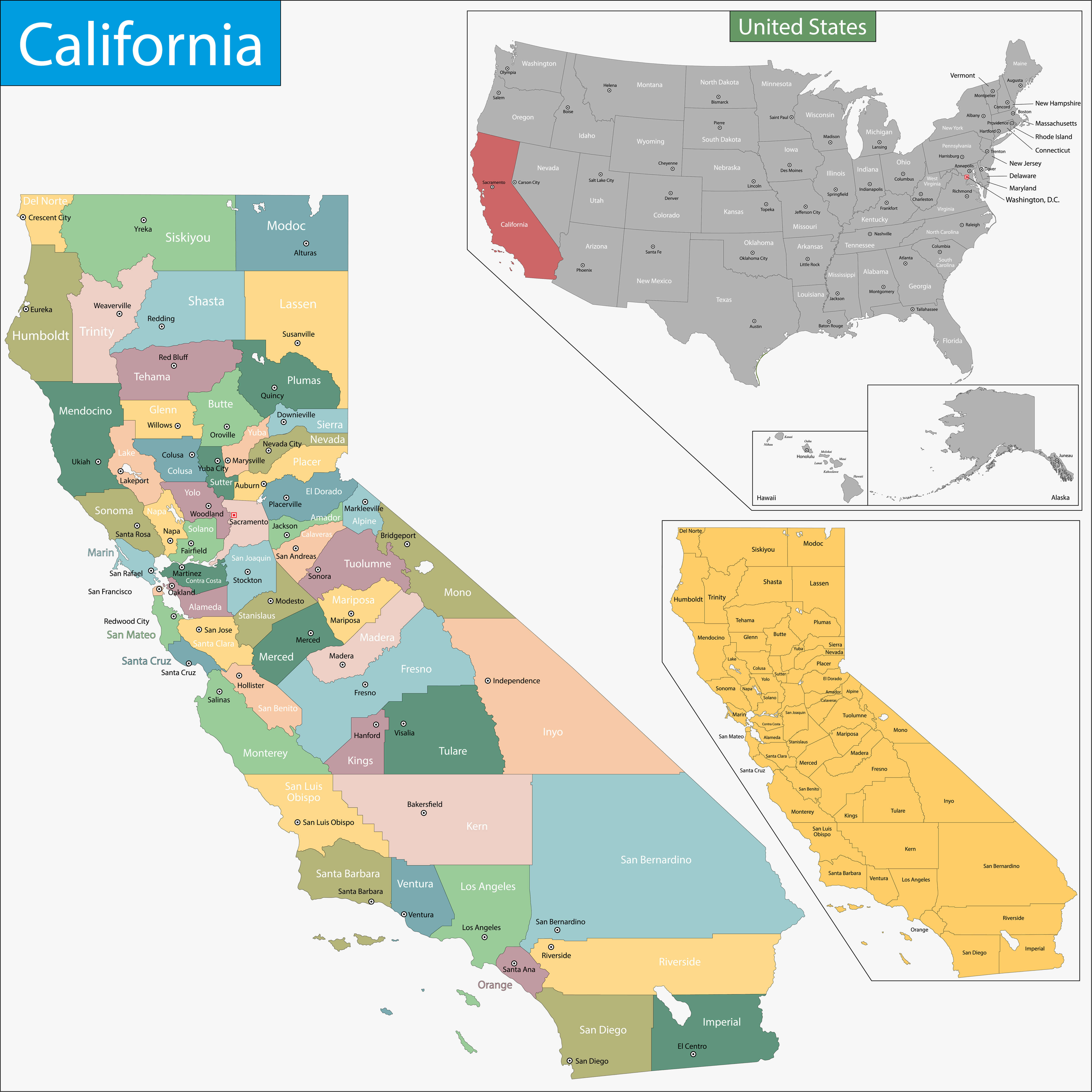 Detailed Map of California counties and cities with location within the US.