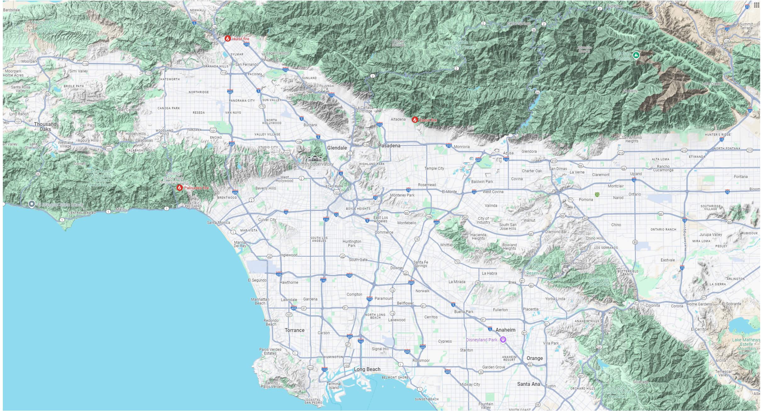 Eaton wildfire terrain map