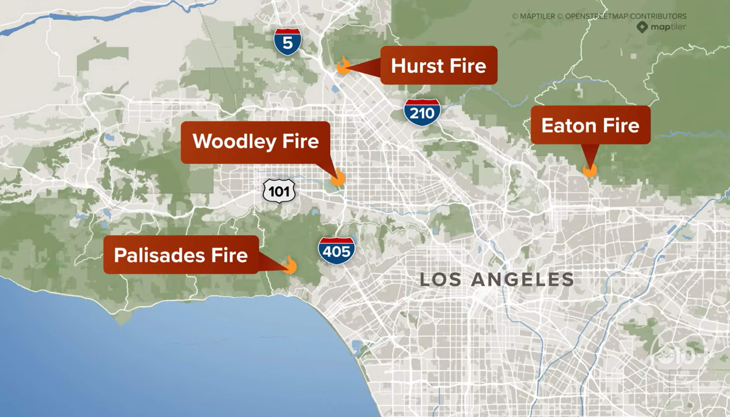 Los Angeles active wildfires map