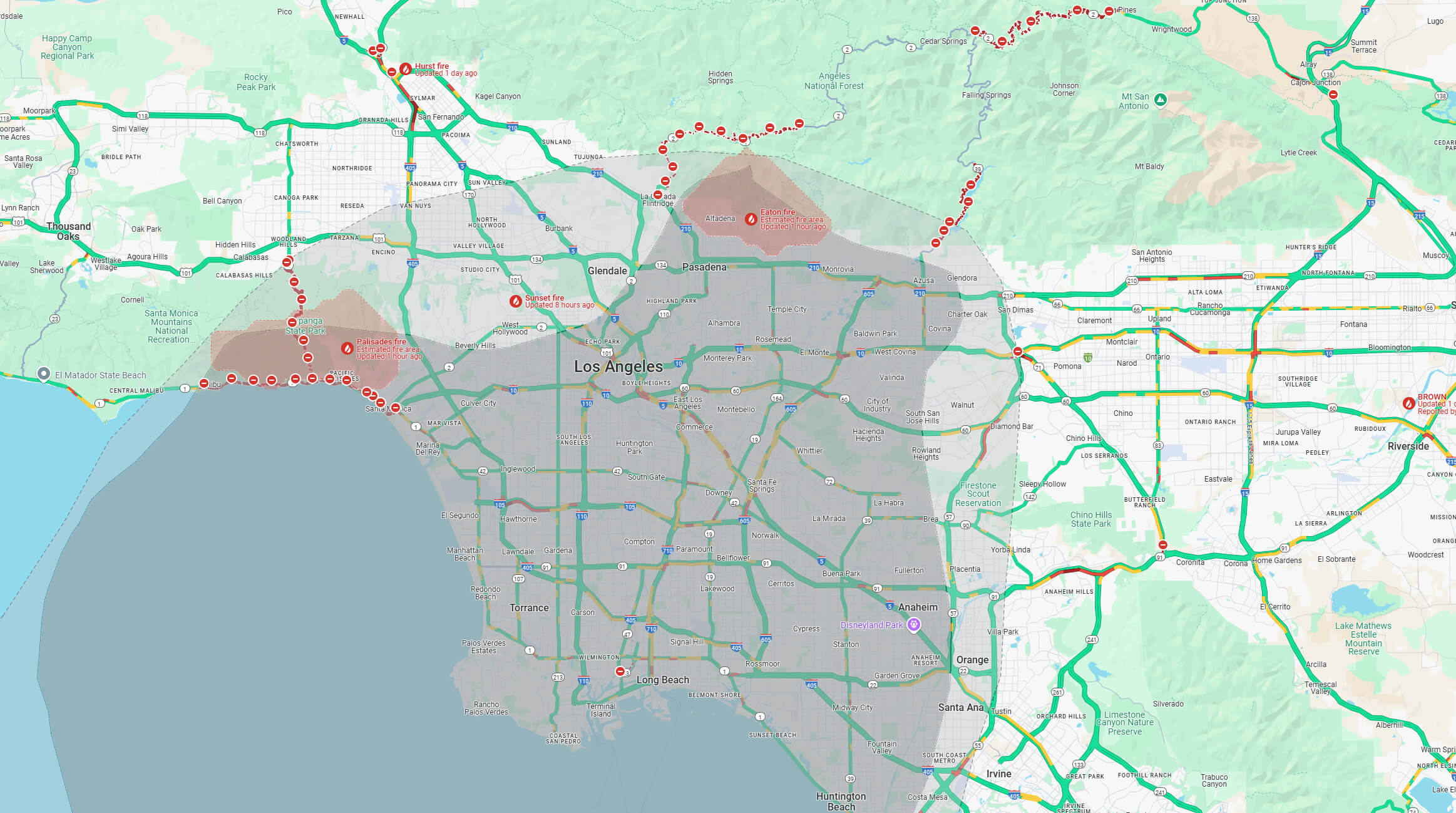 Los Angeles California wildfire map