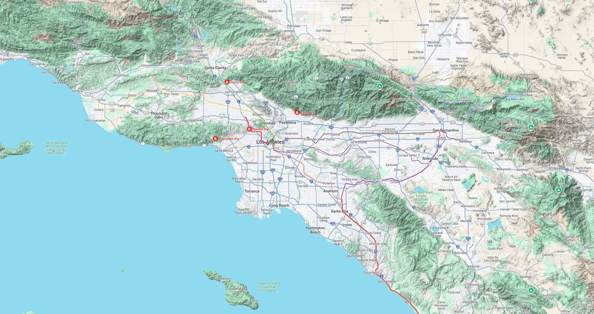 Los Angeles California wildfire terrain map