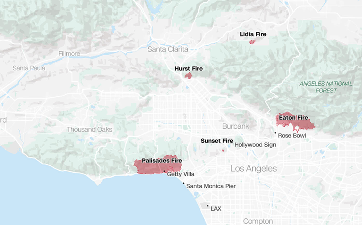 Los Angeles wildfires map with palisades eaton hurst lidia fire