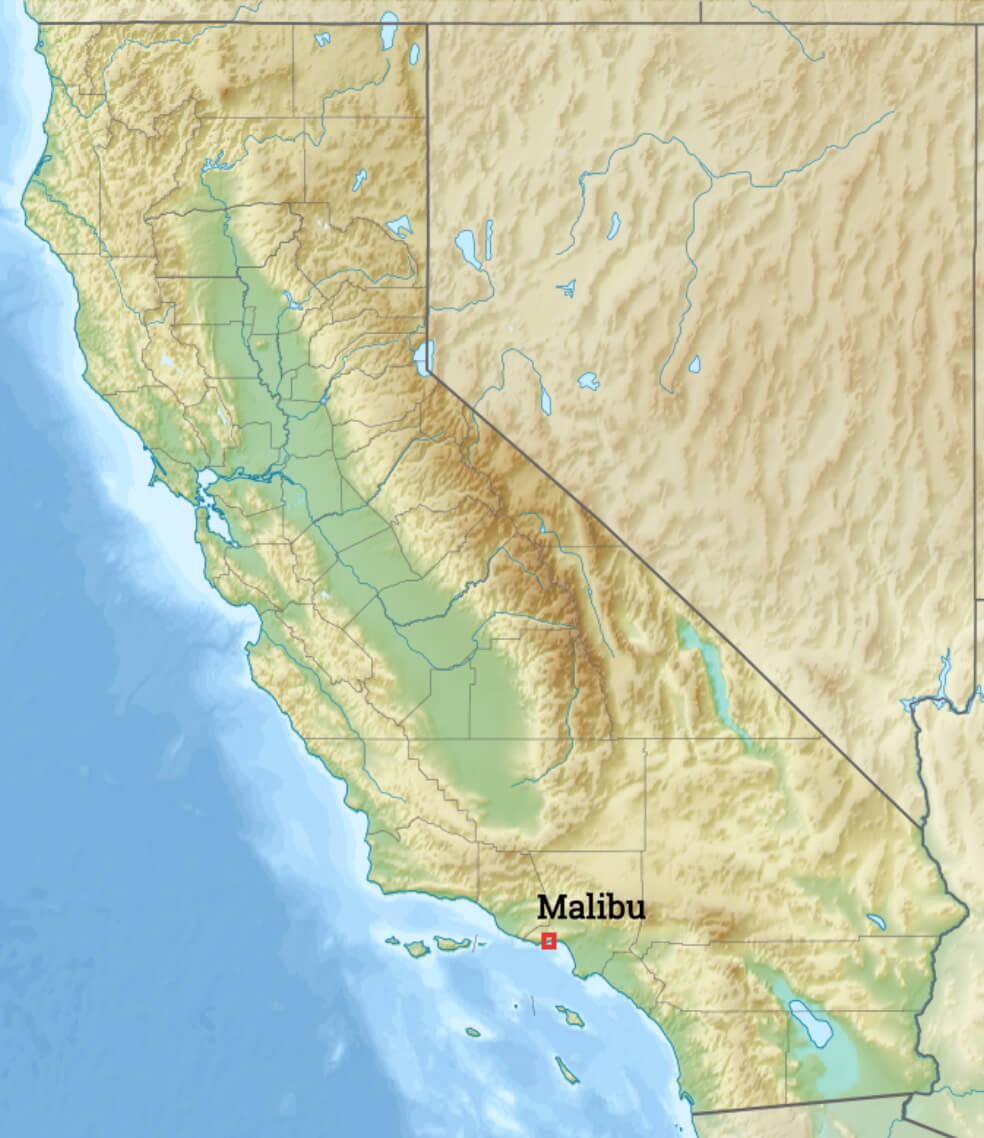 Malibu location map in California